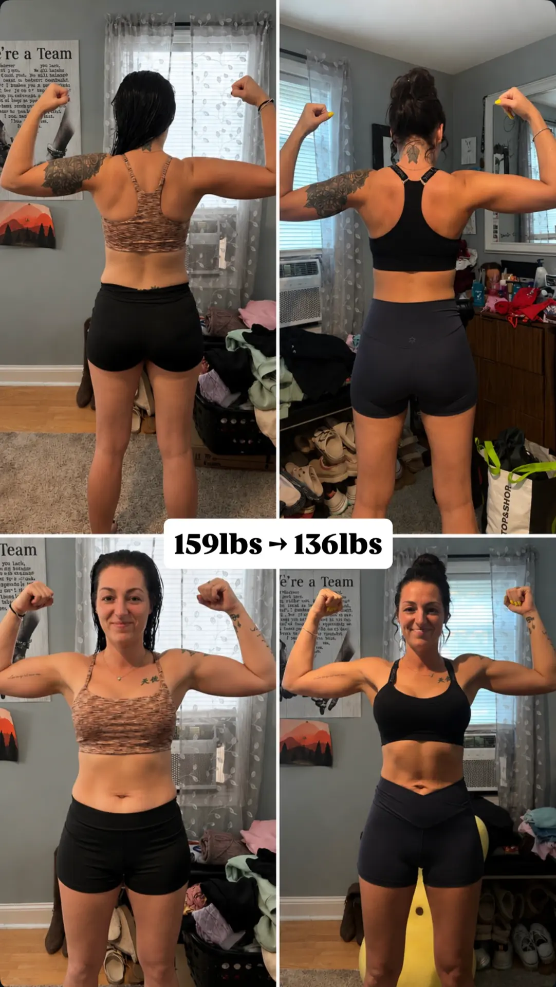 Before and after transformation photos of Client 1, a 1:1 coaching client